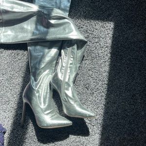 Silver stiletto thigh high boots